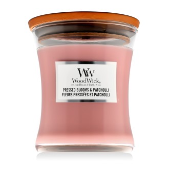 WoodWick Medium Homokóra gyertya illatgyertya Pressed Blooms & Patchouli 275 g
